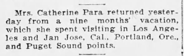 Eggen Family Tree - Catherine Para - 1923 - Traveling